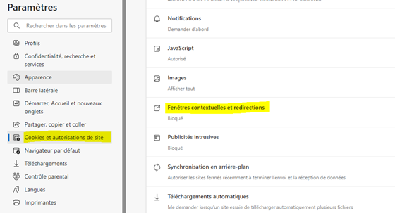 Paramètres Edge, avec les cookies et les autorisations de site mis en surbrillance dans le volet de gauche et
              les fenêtres contextuelles et les redirections à droite